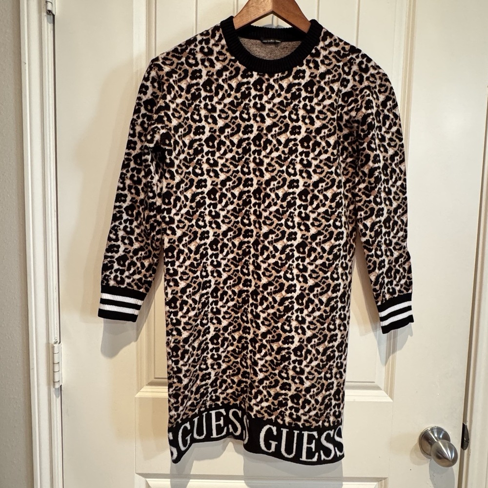 Guess Leopard Cheetah Animal Print Sweater Dress Girls Sz 14 Youth‎ Brown Black